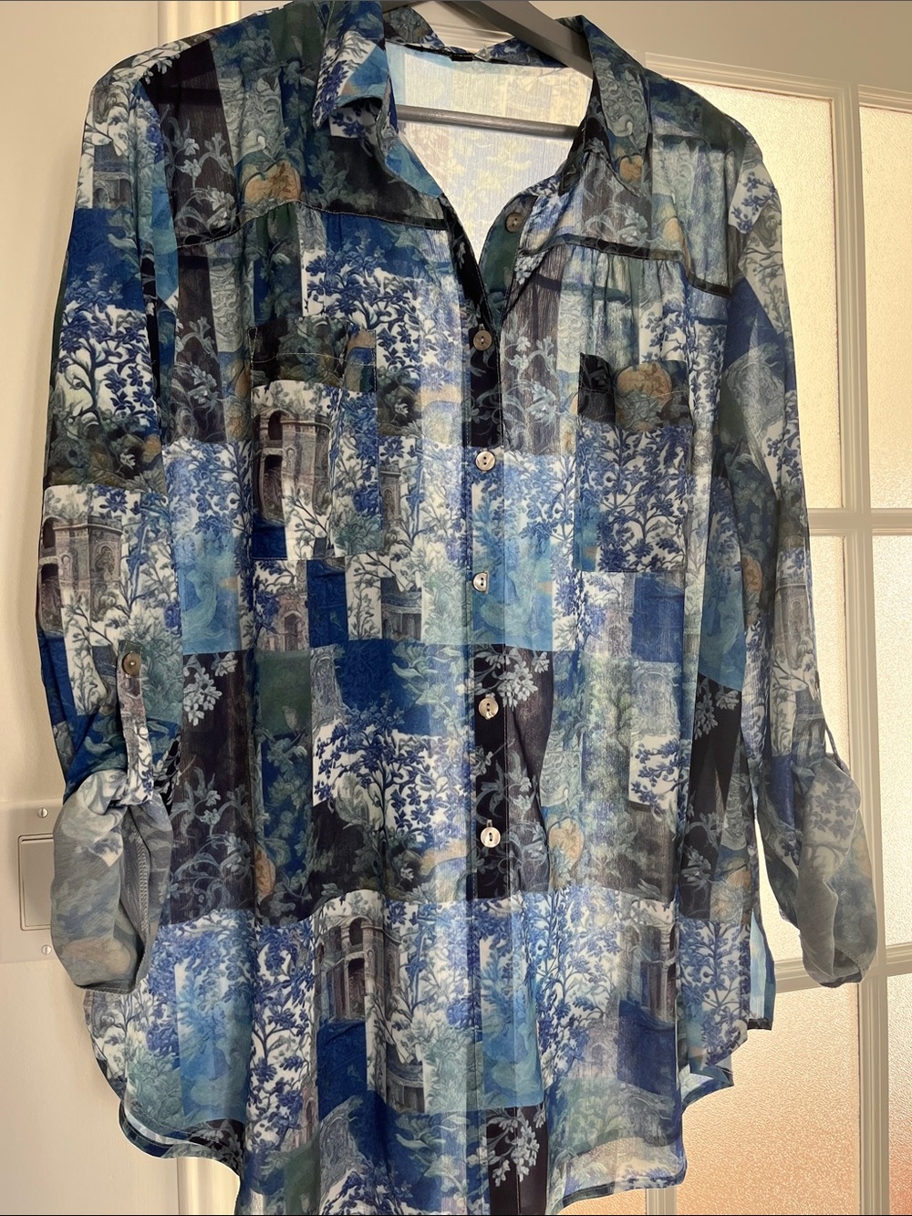 CHARLIE B Blue and Navy Floral Patchwork Shirt